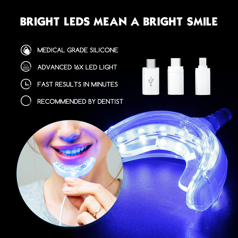 Teeth Whitening Charcoal - Luxsmile-歯のホワイトニングペン,LEDライト付きUSB充電器,16個のLEDライト,青,歯のホワイトニングジェル