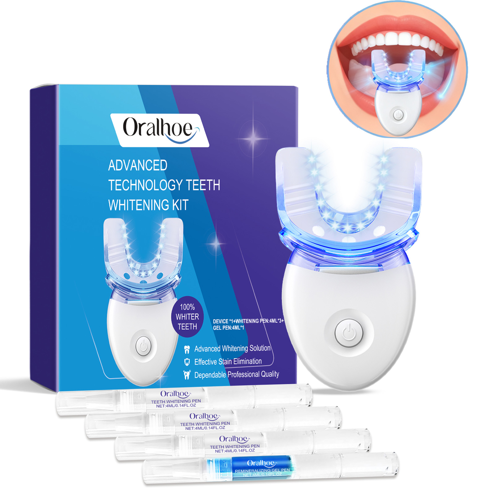 Teeth Whitening Clinic - プロフェッショナルな歯のホワイトニングLEDライトキット、4倍のホワイトニングジェル、加速ホワイトニングシステム、白い笑顔のためのブルーライトツール