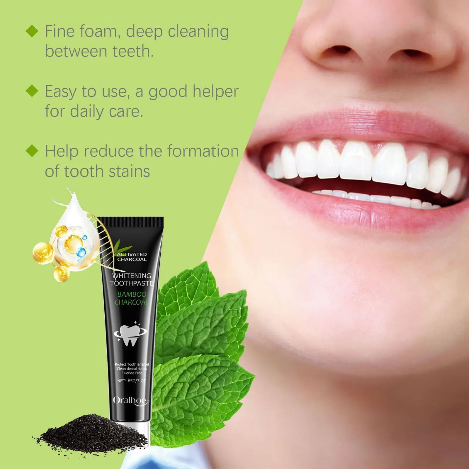 歯を白くする歯磨き粉。口臭を吸着し、黄ばんだ歯を落とし、強力 - Teeth Whitening Charcoal のレビューと価格